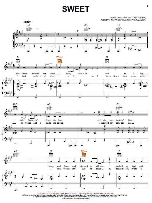 Learn to play Toby Keith Sweet sheet music for Piano, Vocal & Guitar Chords (Right-Hand Melody) in minutes. Price: 7.8900$ Toby Keith Sweet sheet music notes and chords arranged for Piano, Vocal & Guitar Chords (Right-Hand Melody)