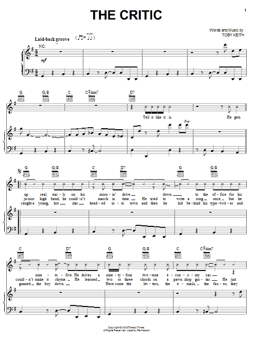 Learn to play Toby Keith The Critic sheet music for Piano, Vocal & Guitar Chords (Right-Hand Melody) in minutes. Price: 7.8900$ Toby Keith The Critic sheet music notes and chords arranged for Piano, Vocal & Guitar Chords (Right-Hand Melody)