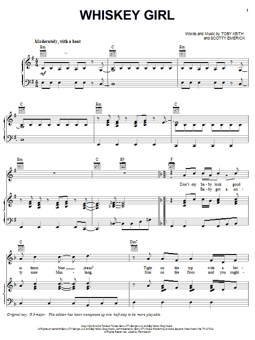 Learn to play Toby Keith Whiskey Girl sheet music for Piano, Vocal & Guitar Chords (Right-Hand Melody) in minutes. Price: 7.8900$ Toby Keith Whiskey Girl sheet music notes and chords arranged for Piano, Vocal & Guitar Chords (Right-Hand Melody)