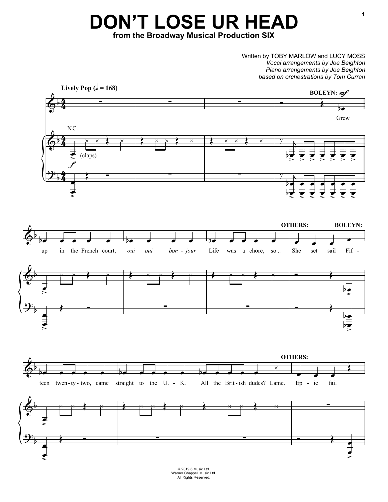 Toby Marlow & Lucy Moss Don't Lose Ur Head (from Six: The Musical) sheet music notes and chords. Download Printable PDF.