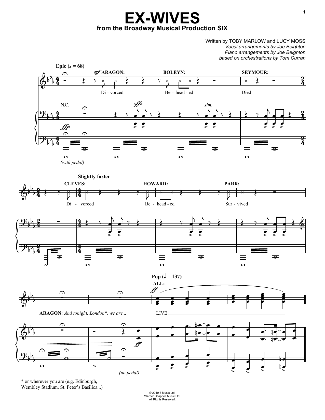 Toby Marlow & Lucy Moss Ex-Wives (from Six: The Musical) sheet music notes and chords. Download Printable PDF.