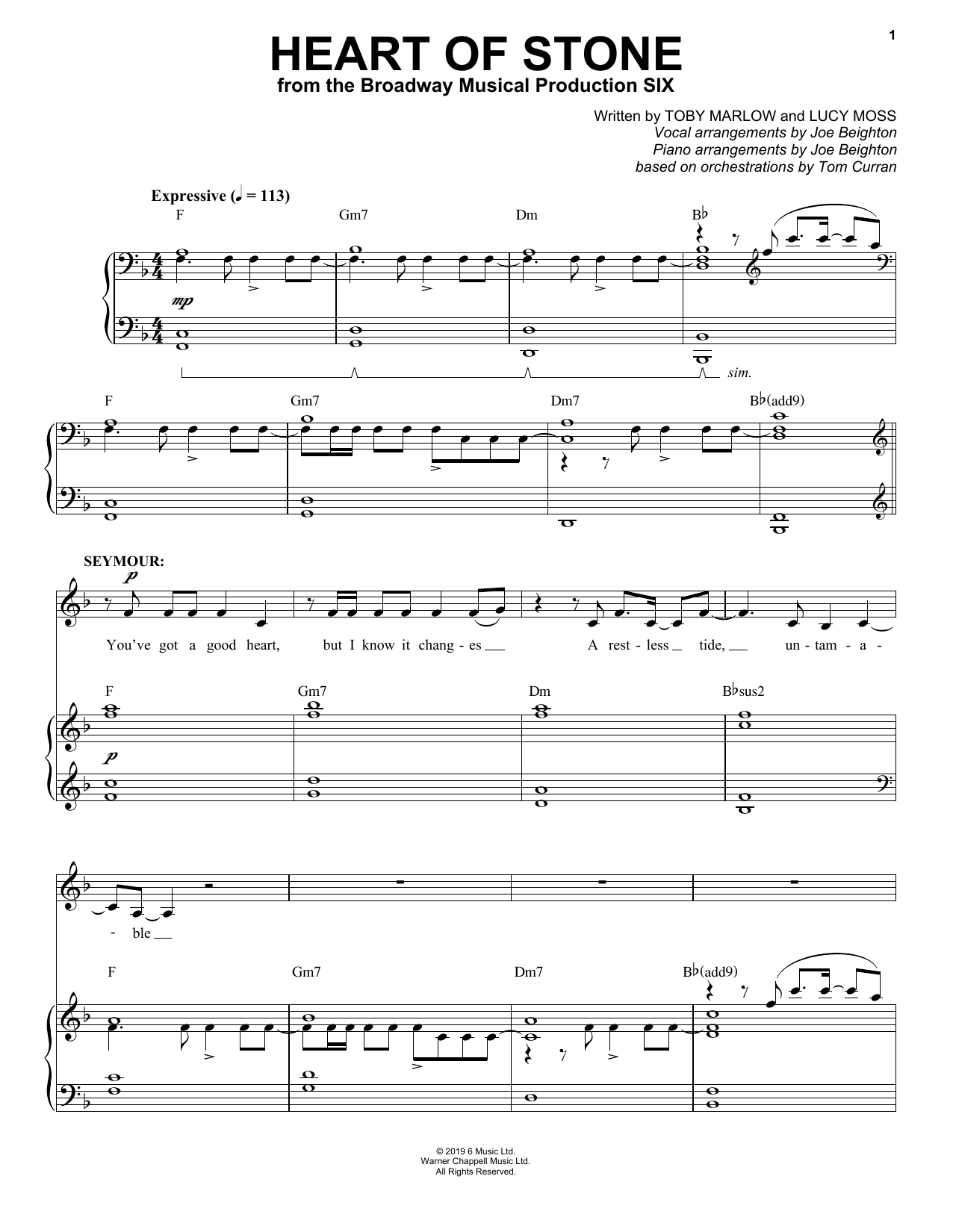 Toby Marlow & Lucy Moss Heart Of Stone (from Six: The Musical) sheet music notes and chords. Download Printable PDF.