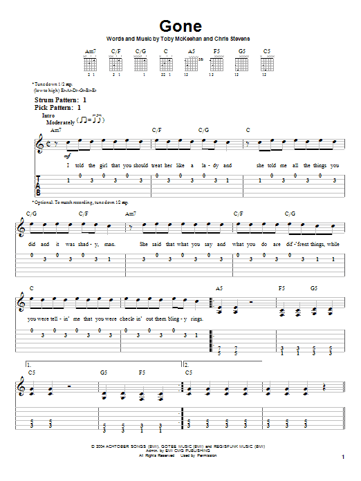 TobyMac Gone sheet music notes and chords. Download Printable PDF.