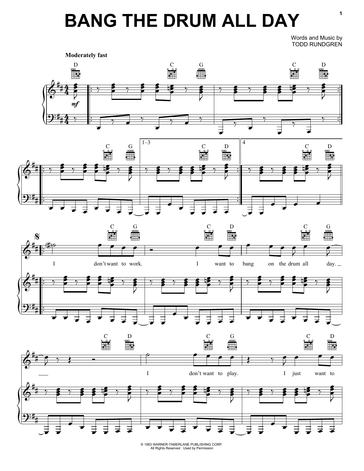 Todd Rundgren Bang The Drum All Day sheet music notes and chords. Download Printable PDF.