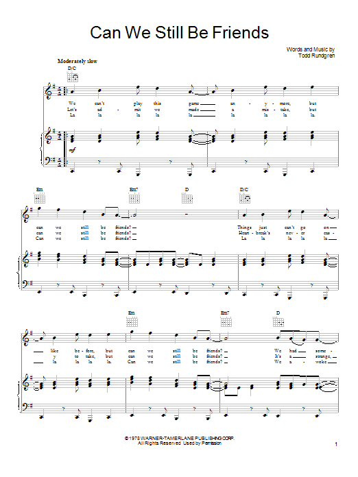 Todd Rundgren Can We Still Be Friends sheet music notes and chords. Download Printable PDF.