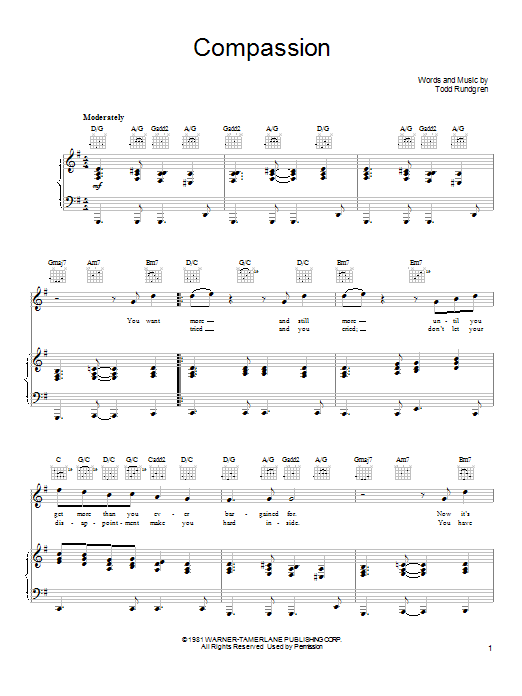 Learn to play Todd Rundgren Compassion sheet music for Piano, Vocal & Guitar Chords (Right-Hand Melody) in minutes. Price: 7.8900$ Todd Rundgren Compassion sheet music notes and chords arranged for Piano, Vocal & Guitar Chords (Right-Hand Melody)