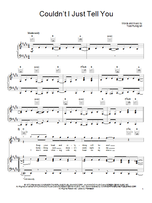 Learn to play Todd Rundgren Couldn't I Just Tell You sheet music for Piano, Vocal & Guitar Chords (Right-Hand Melody) in minutes. Price: 7.8900$ Todd Rundgren Couldn't I Just Tell You sheet music notes and chords arranged for Piano, Vocal & Guitar Chords (Right-Hand Melody)