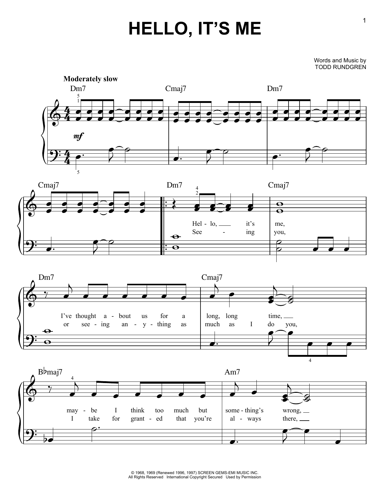 Todd Rundgren Hello, It's Me sheet music notes and chords. Download Printable PDF.