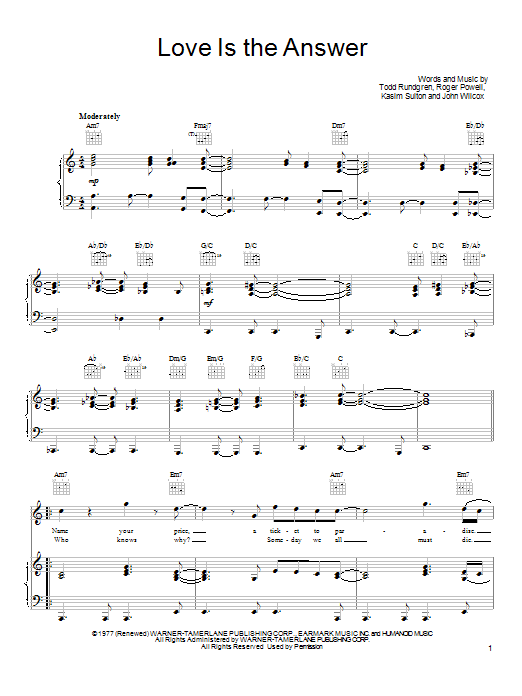 Learn to play Todd Rundgren Love Is The Answer sheet music for Piano, Vocal & Guitar Chords (Right-Hand Melody) in minutes. Price: 7.8900$ Todd Rundgren Love Is The Answer sheet music notes and chords arranged for Piano, Vocal & Guitar Chords (Right-Hand Melody)