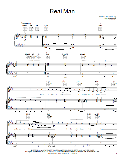 Learn to play Todd Rundgren Real Man sheet music for Piano, Vocal & Guitar Chords (Right-Hand Melody) in minutes. Price: 7.8900$ Todd Rundgren Real Man sheet music notes and chords arranged for Piano, Vocal & Guitar Chords (Right-Hand Melody)