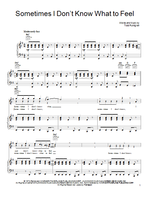 Todd Rundgren Sometimes I Don't Know What To Feel sheet music notes and chords. Download Printable PDF.