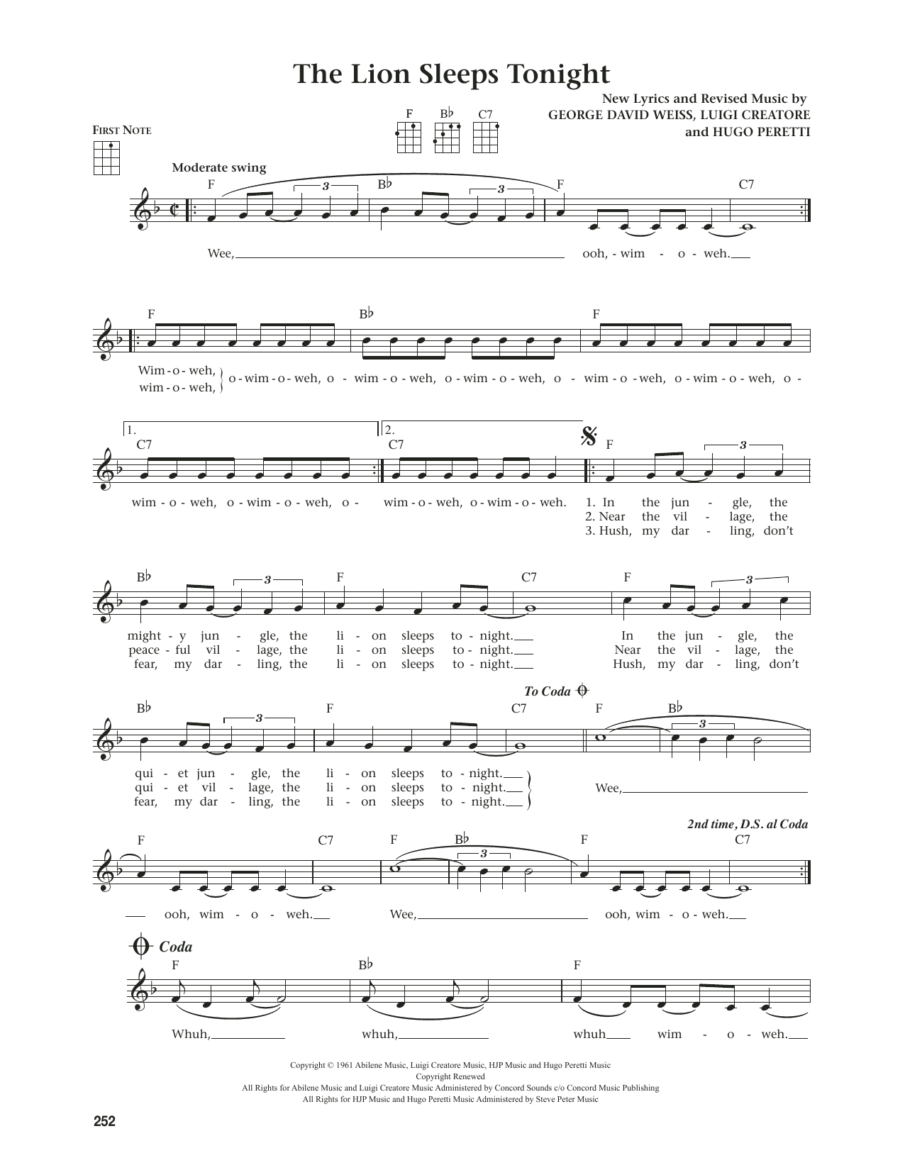 Tokens The Lion Sleeps Tonight (from The Daily Ukulele) (arr. Jim Beloff) sheet music notes and chords. Download Printable PDF.