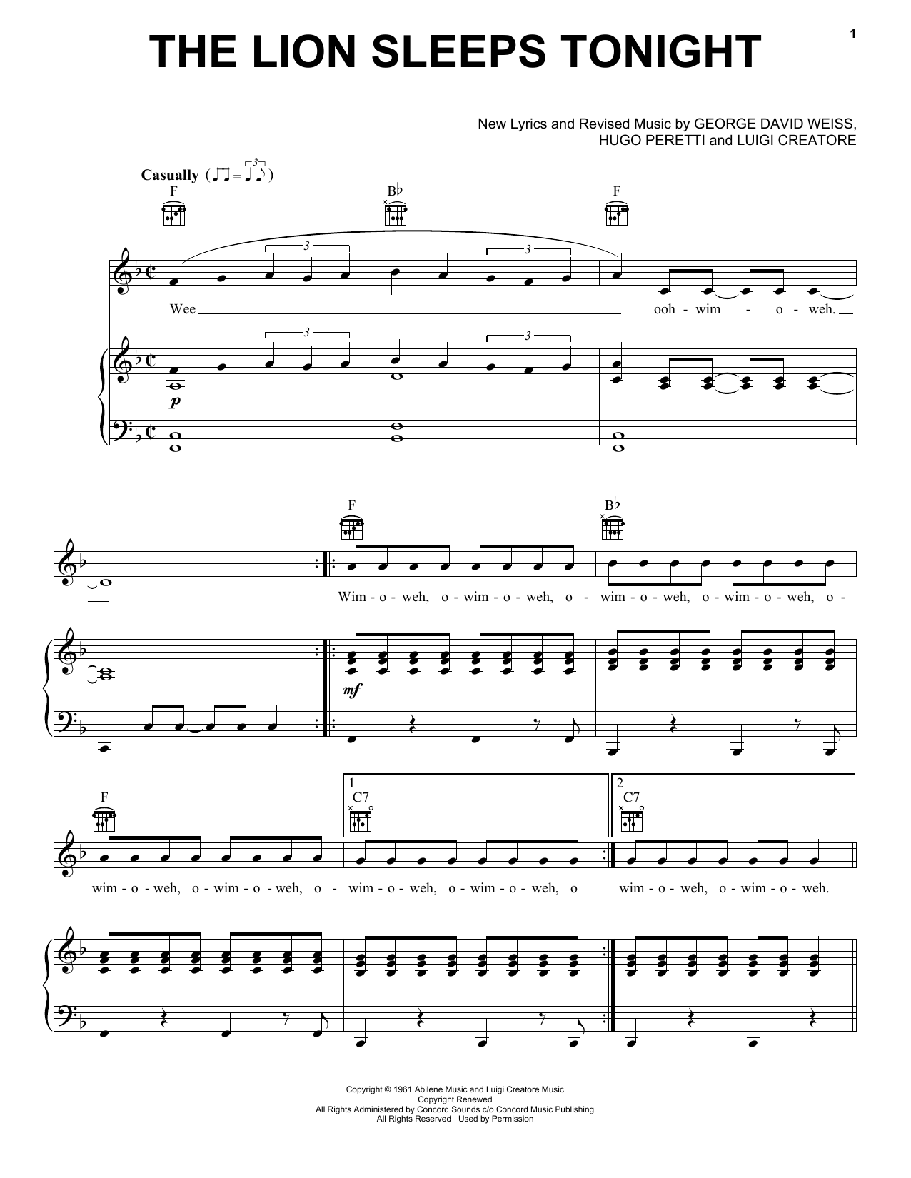 Tokens The Lion Sleeps Tonight sheet music notes and chords. Download Printable PDF.