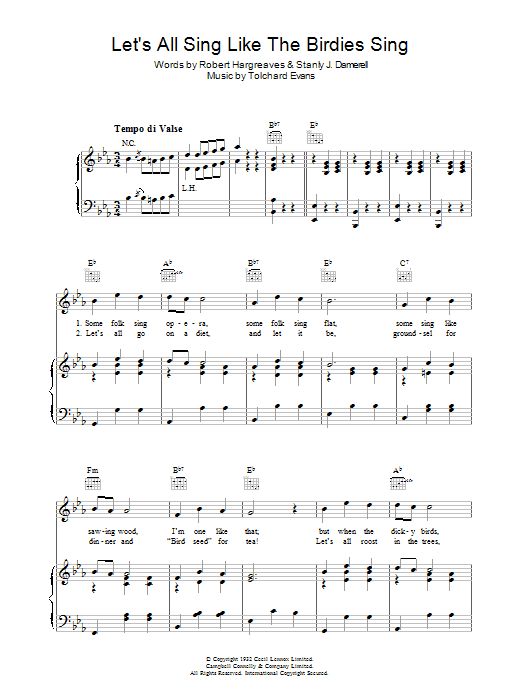 Tolchard Evans Let's All Sing Like The Birdies Sing sheet music notes and chords arranged for Lead Sheet / Fake Book