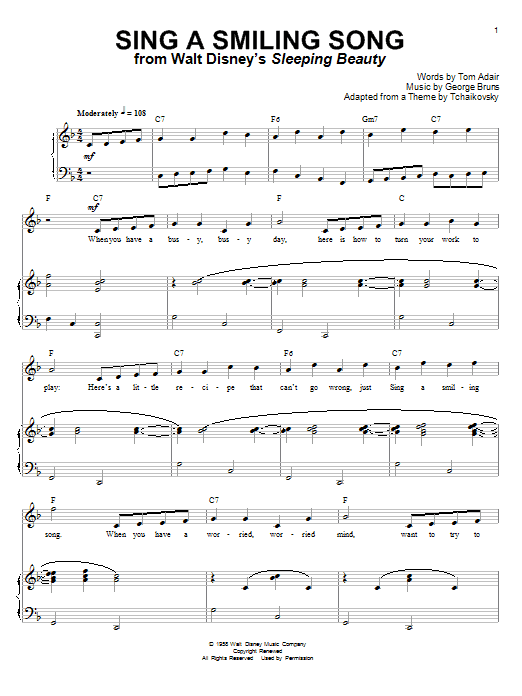 Learn to play Tom Adair Sing A Smiling Song (from Sleeping Beauty) sheet music for Piano & Vocal in minutes. Price: 7.8900$ Tom Adair Sing A Smiling Song (from Sleeping Beauty) sheet music notes and chords arranged for Piano & Vocal