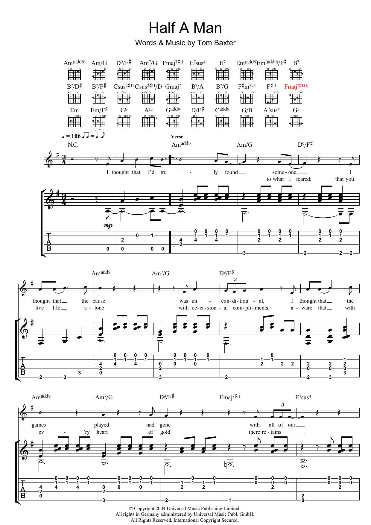 Learn to play Tom Baxter Half A Man sheet music for Guitar Tab in minutes. Price: 7.8900$ Tom Baxter Half A Man sheet music notes and chords arranged for Guitar Tab