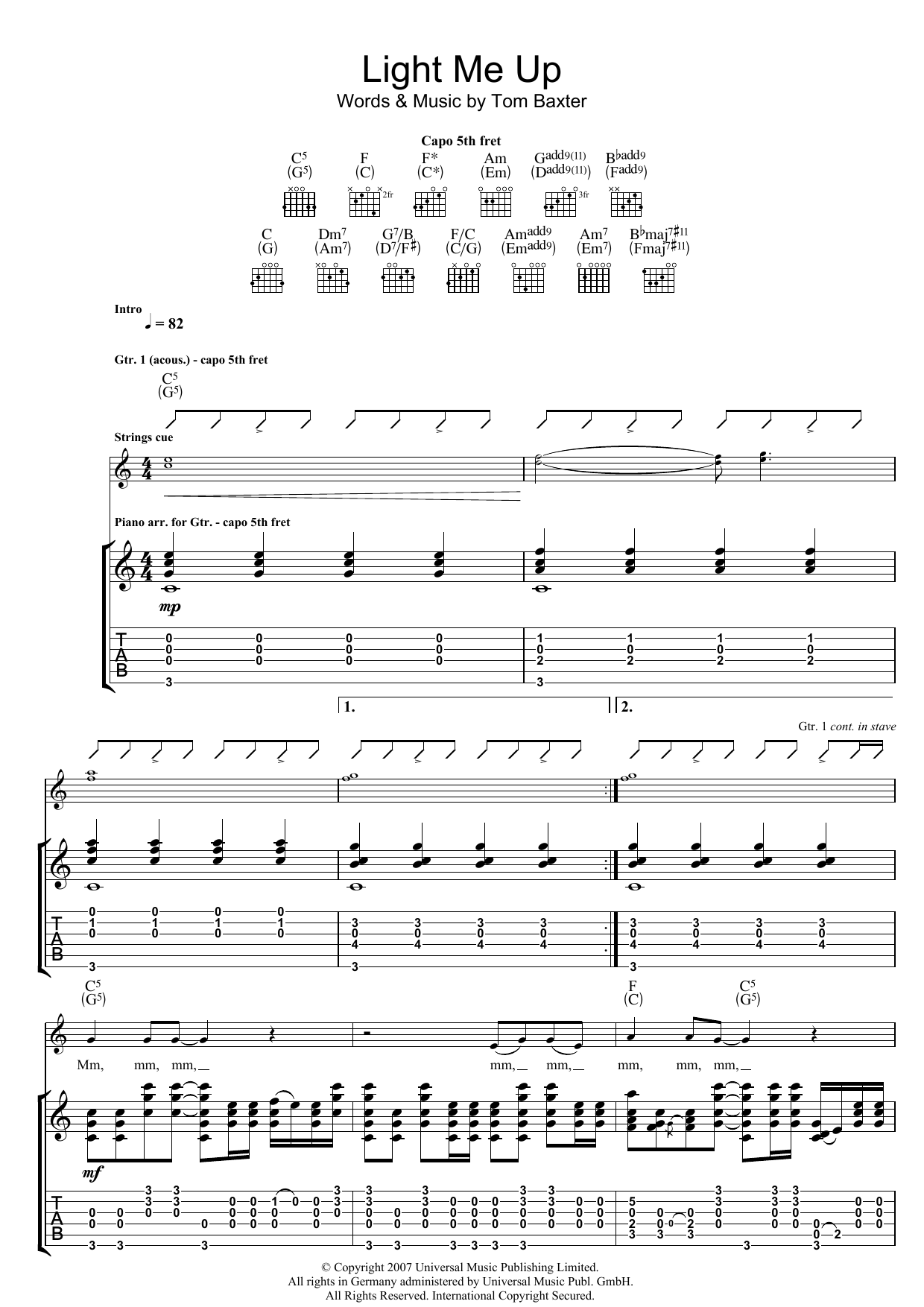 Learn to play Tom Baxter Light Me Up sheet music for Guitar Tab in minutes. Price: 7.8900$ Tom Baxter Light Me Up sheet music notes and chords arranged for Guitar Tab