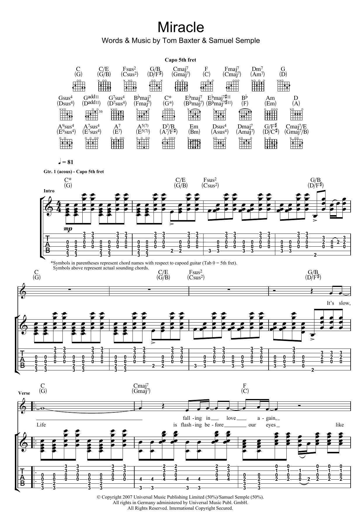 Learn to play Tom Baxter Miracle sheet music for Guitar Tab in minutes. Price: 7.8900$ Tom Baxter Miracle sheet music notes and chords arranged for Guitar Tab