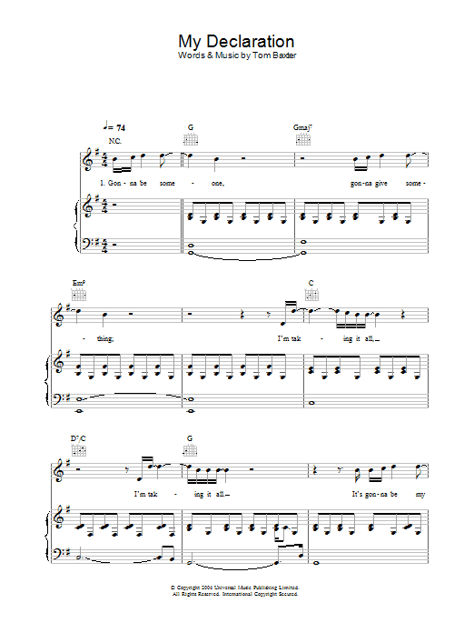 Learn to play Tom Baxter My Declaration sheet music for Piano, Vocal & Guitar Chords in minutes. Price: 7.8900$ Tom Baxter My Declaration sheet music notes and chords arranged for Piano, Vocal & Guitar Chords