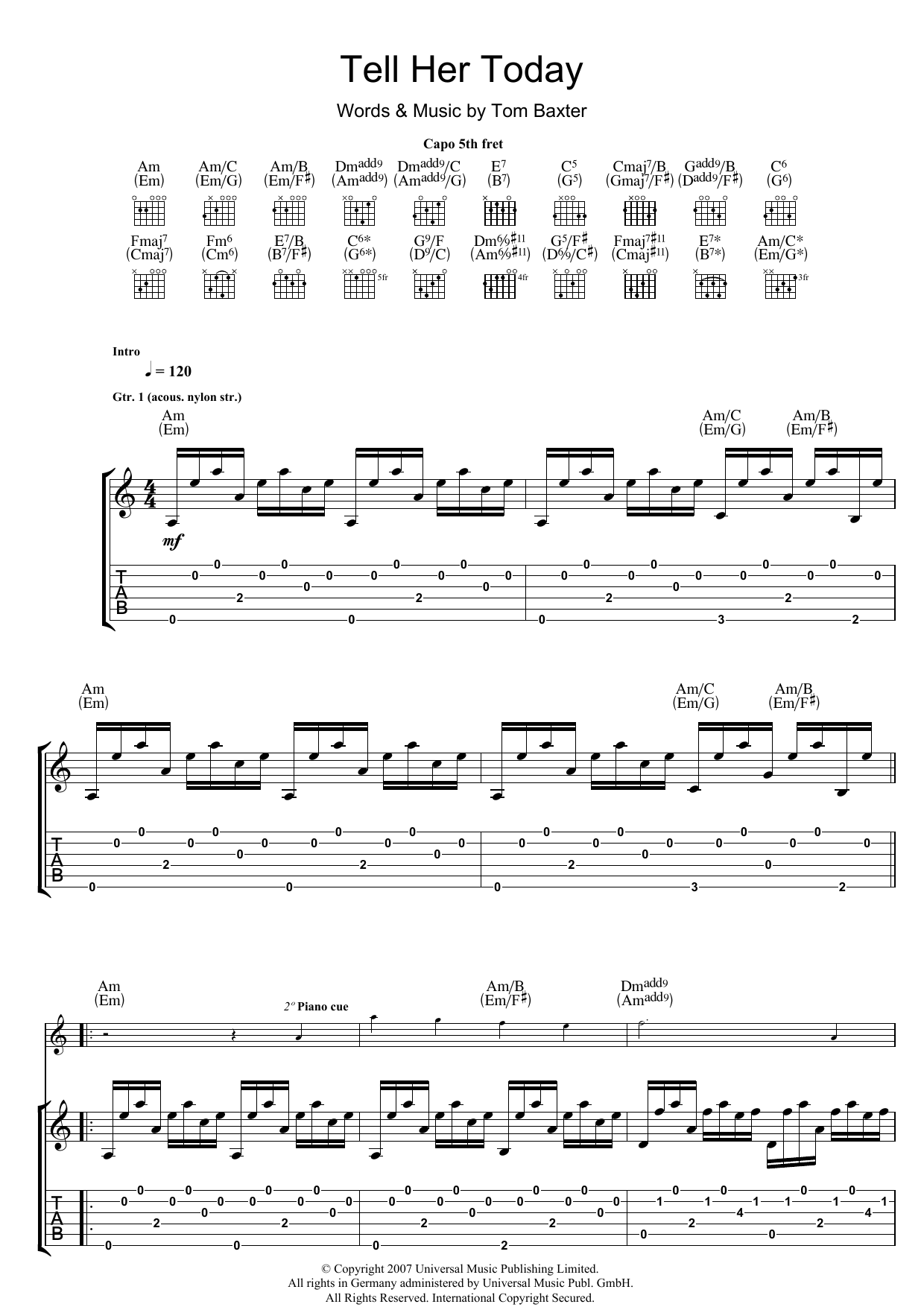 Tom Baxter Tell Her Today sheet music notes and chords arranged for Guitar Tab