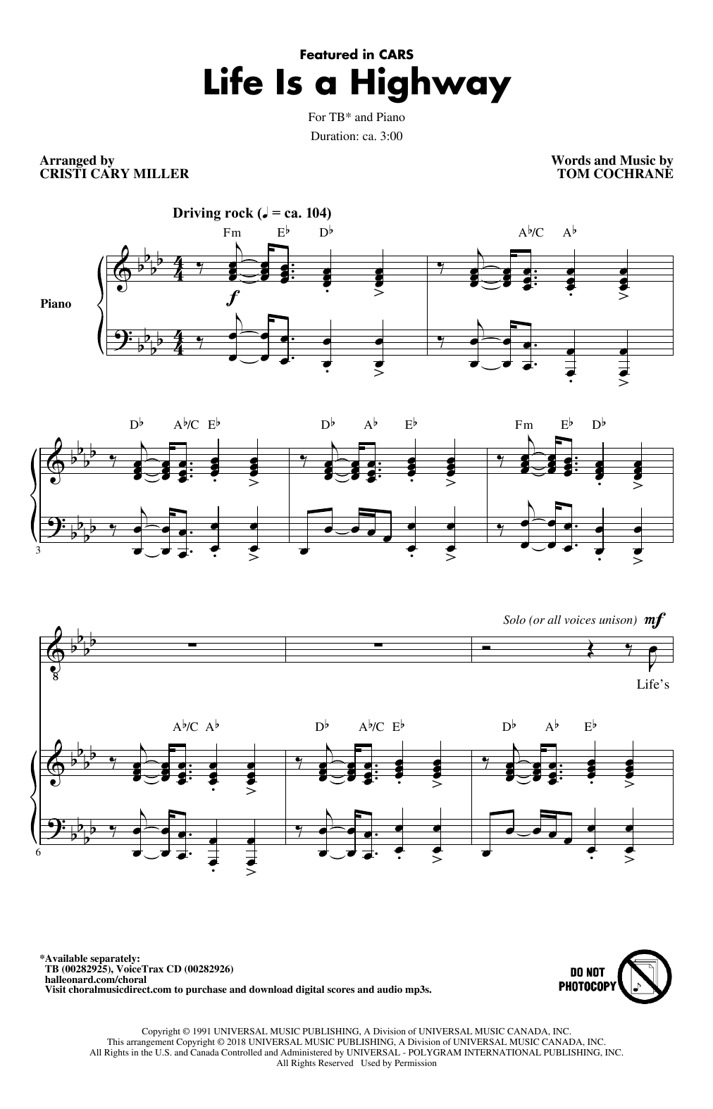 Learn to play Tom Cochrane Life Is A Highway (arr. Cristy Cari Miller) sheet music for TB Choir in minutes. Price: 3.9900$ Tom Cochrane Life Is A Highway (arr. Cristy Cari Miller) sheet music notes and chords arranged for TB Choir