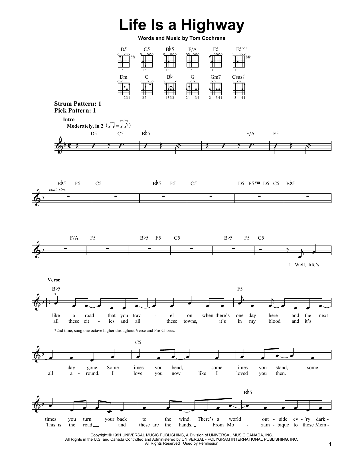 Tom Cochrane Life Is A Highway sheet music notes and chords. Download Printable PDF.