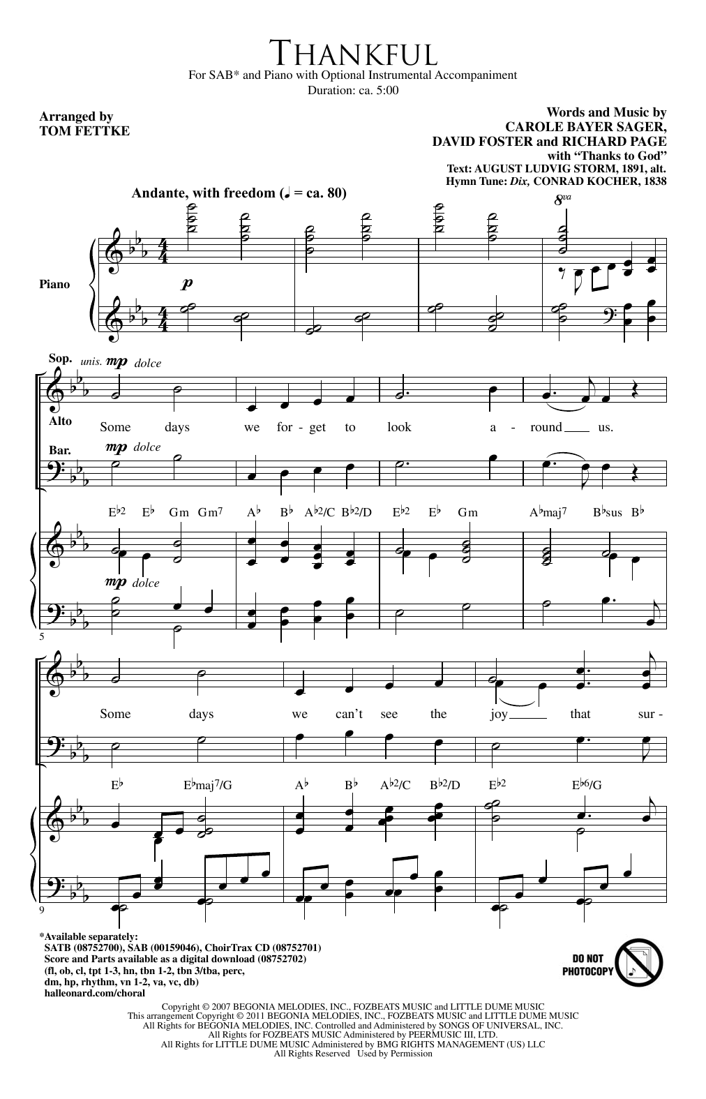 Tom Fettke Thankful sheet music notes and chords. Download Printable PDF.