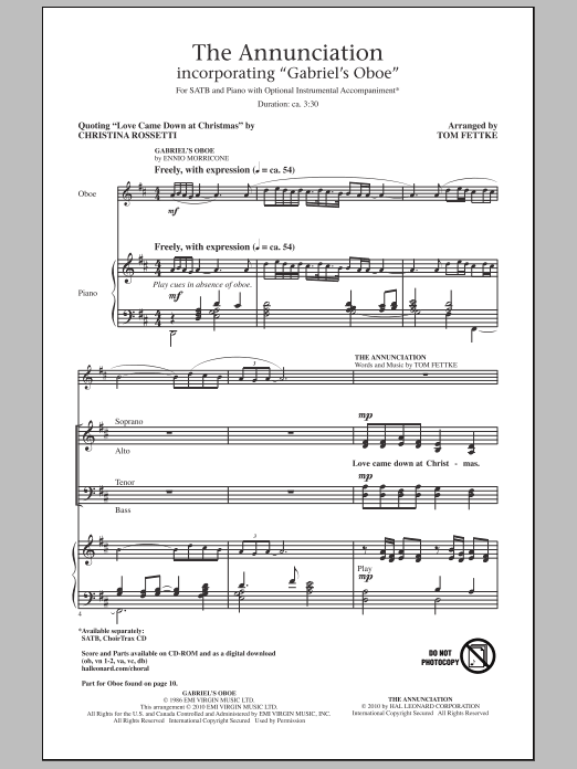 Tom Fettke The Annunciation (incorporating Gabriel's Oboe) sheet music notes and chords. Download Printable PDF.