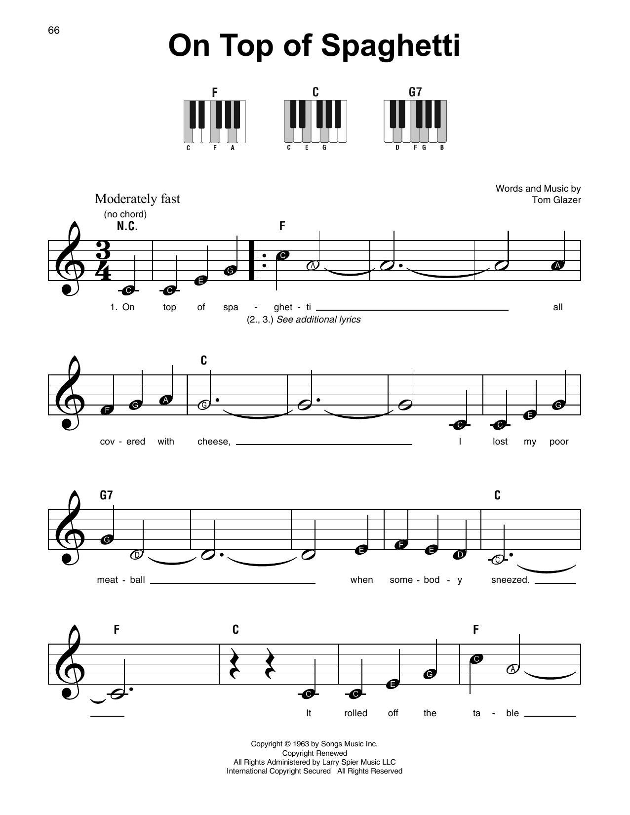 Tom Glazer On Top Of Spaghetti sheet music notes and chords. Download Printable PDF.