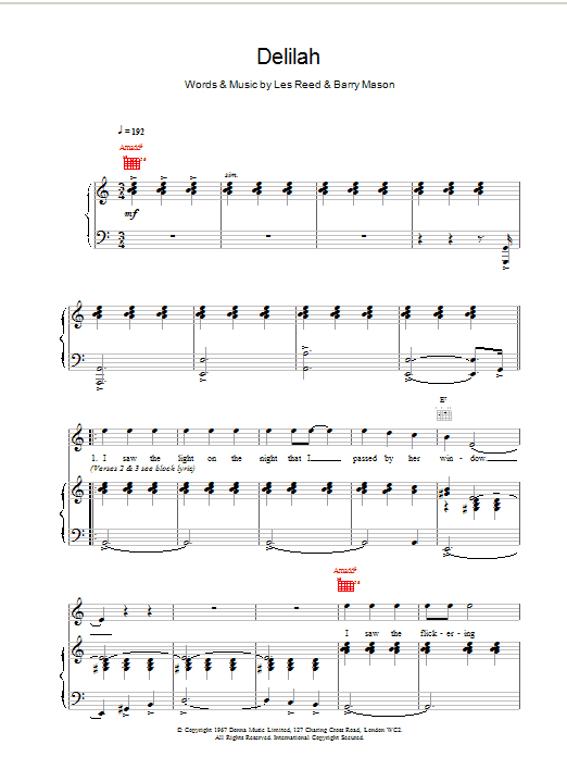 Tom Jones Delilah sheet music notes and chords. Download Printable PDF.