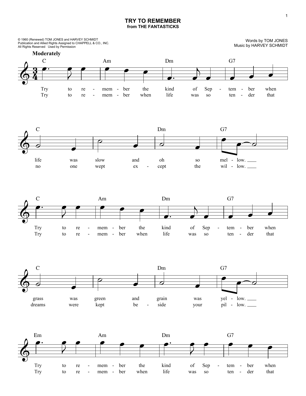 Tom Jones & Harvey Schmidt Try To Remember (from The Fantasticks) sheet music notes and chords. Download Printable PDF.