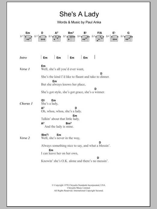 Tom Jones She's A Lady sheet music notes and chords. Download Printable PDF.