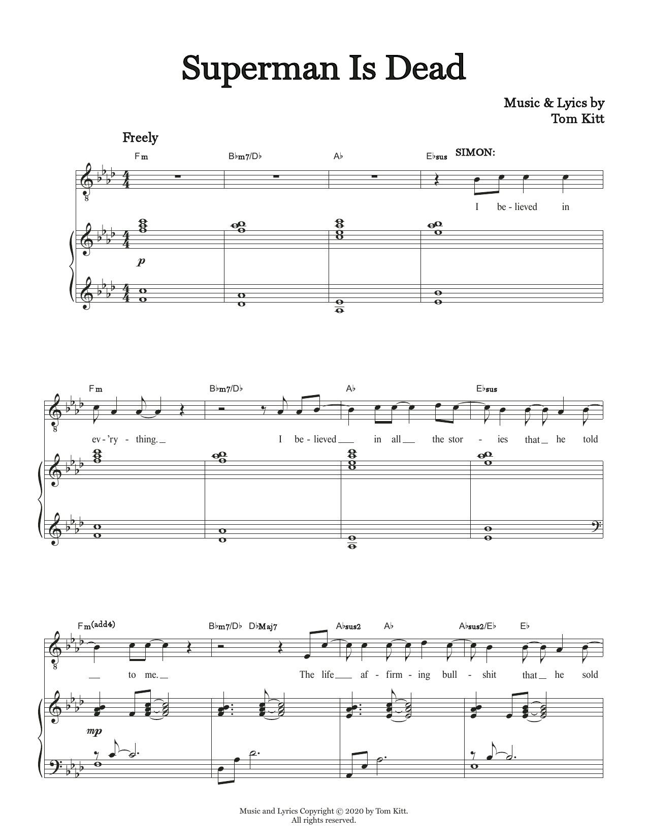 Tom Kitt Superman Is Dead (from the musical Superhero) sheet music notes and chords. Download Printable PDF.