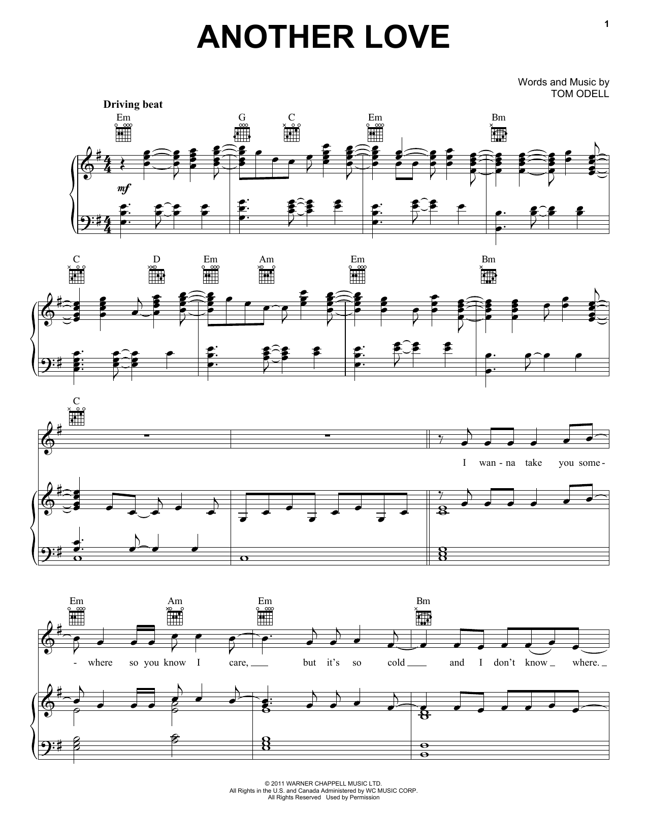 Tom Odell Another Love sheet music notes and chords. Download Printable PDF.