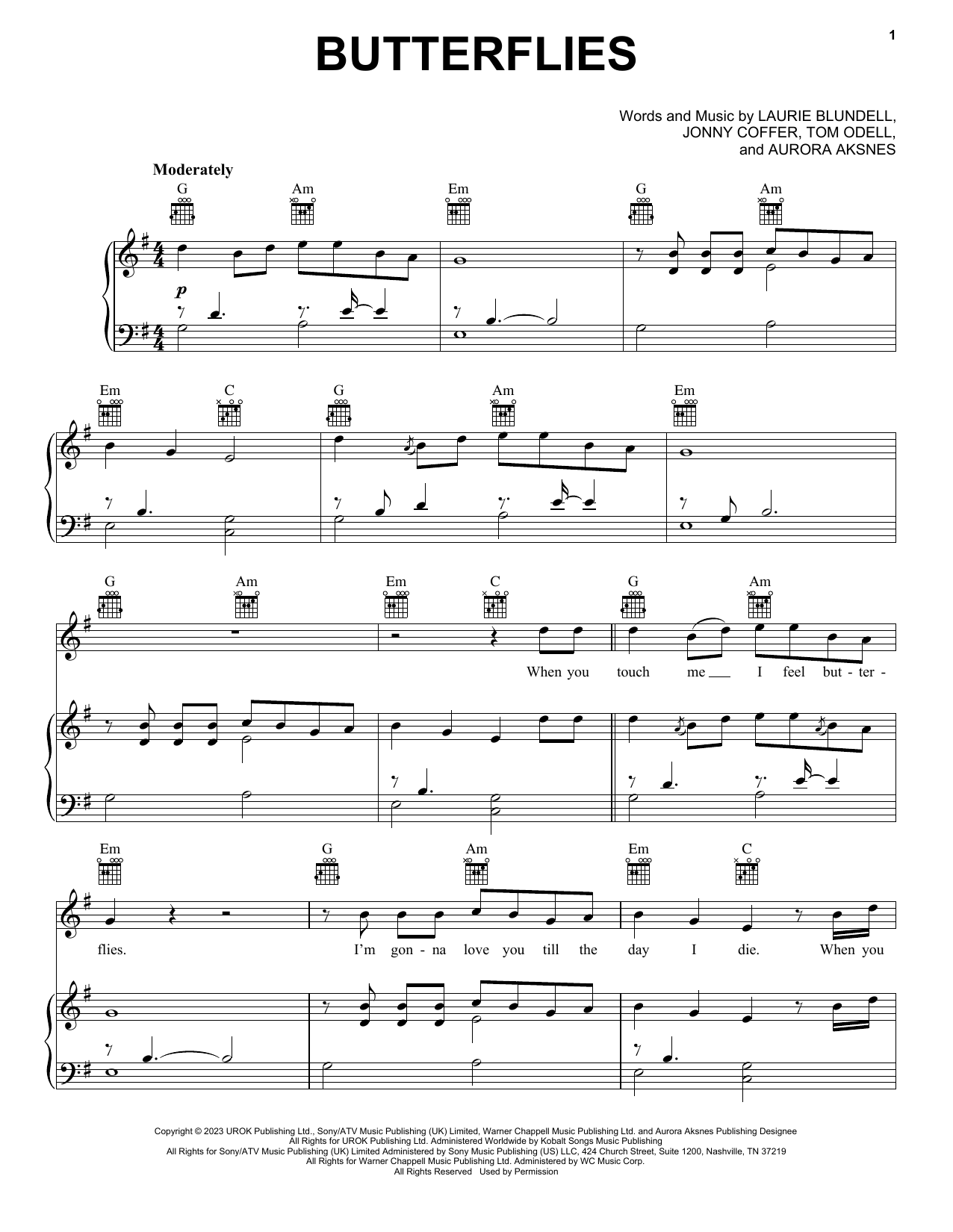 Tom Odell Butterflies (feat. AURORA) sheet music notes and chords. Download Printable PDF.