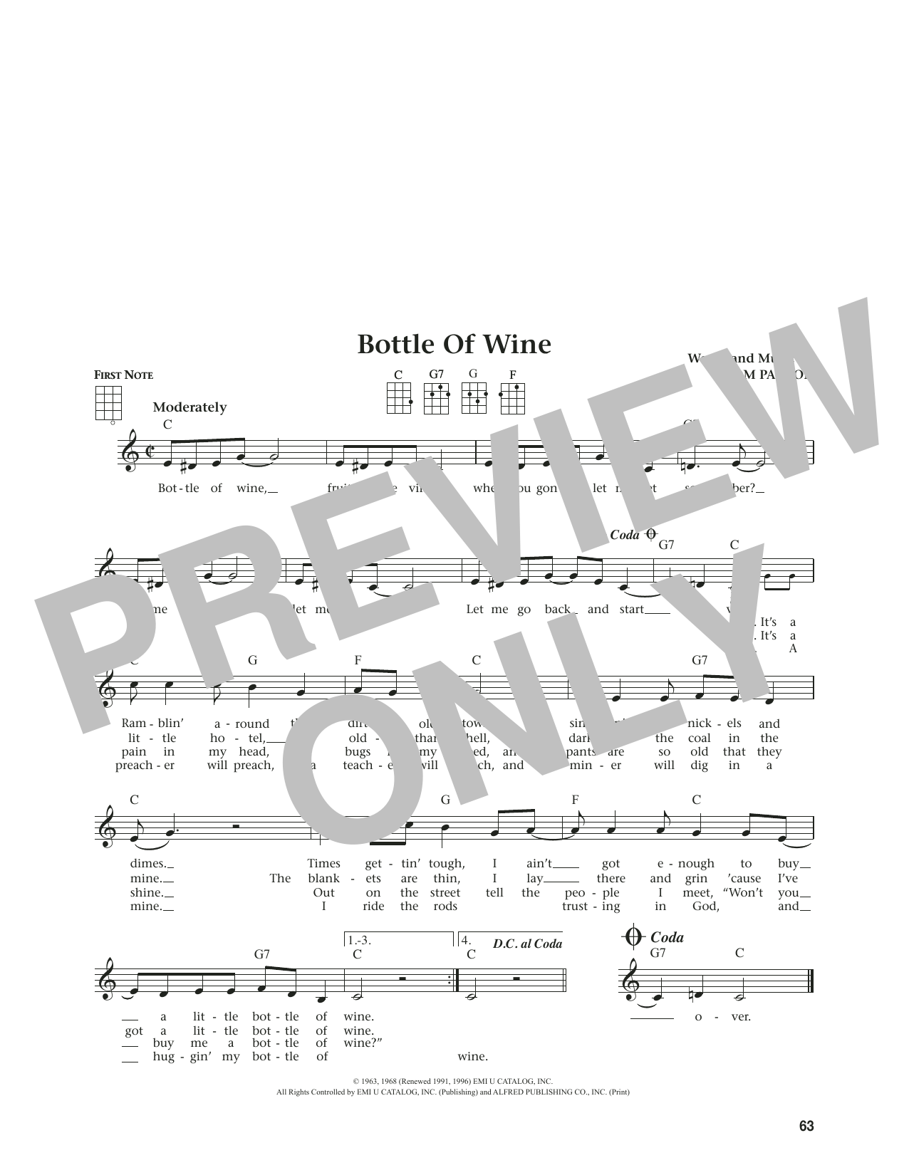 Tom Paxton Bottle Of Wine (from The Daily Ukulele) (arr. Jim Beloff) sheet music notes and chords. Download Printable PDF.