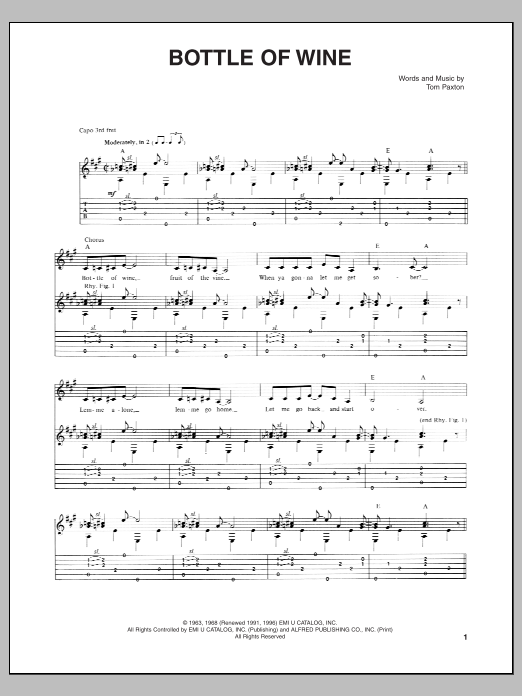 Tom Paxton Bottle Of Wine sheet music notes and chords. Download Printable PDF.