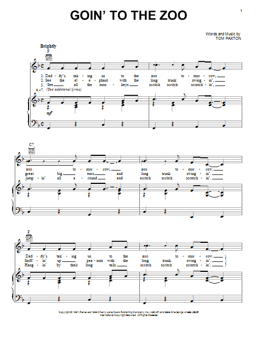 Learn to play Tom Paxton Goin' To The Zoo sheet music for Piano, Vocal & Guitar Chords (Right-Hand Melody) in minutes. Price: 7.8900$ Tom Paxton Goin' To The Zoo sheet music notes and chords arranged for Piano, Vocal & Guitar Chords (Right-Hand Melody)