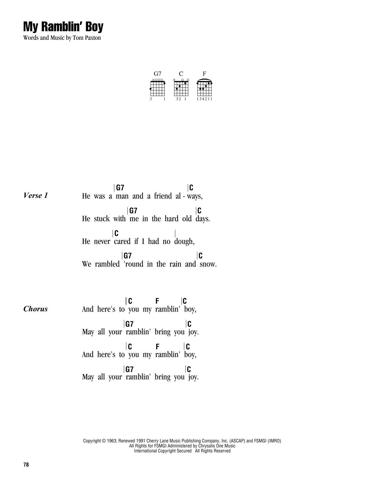 Tom Paxton My Ramblin' Boy sheet music notes and chords. Download Printable PDF.