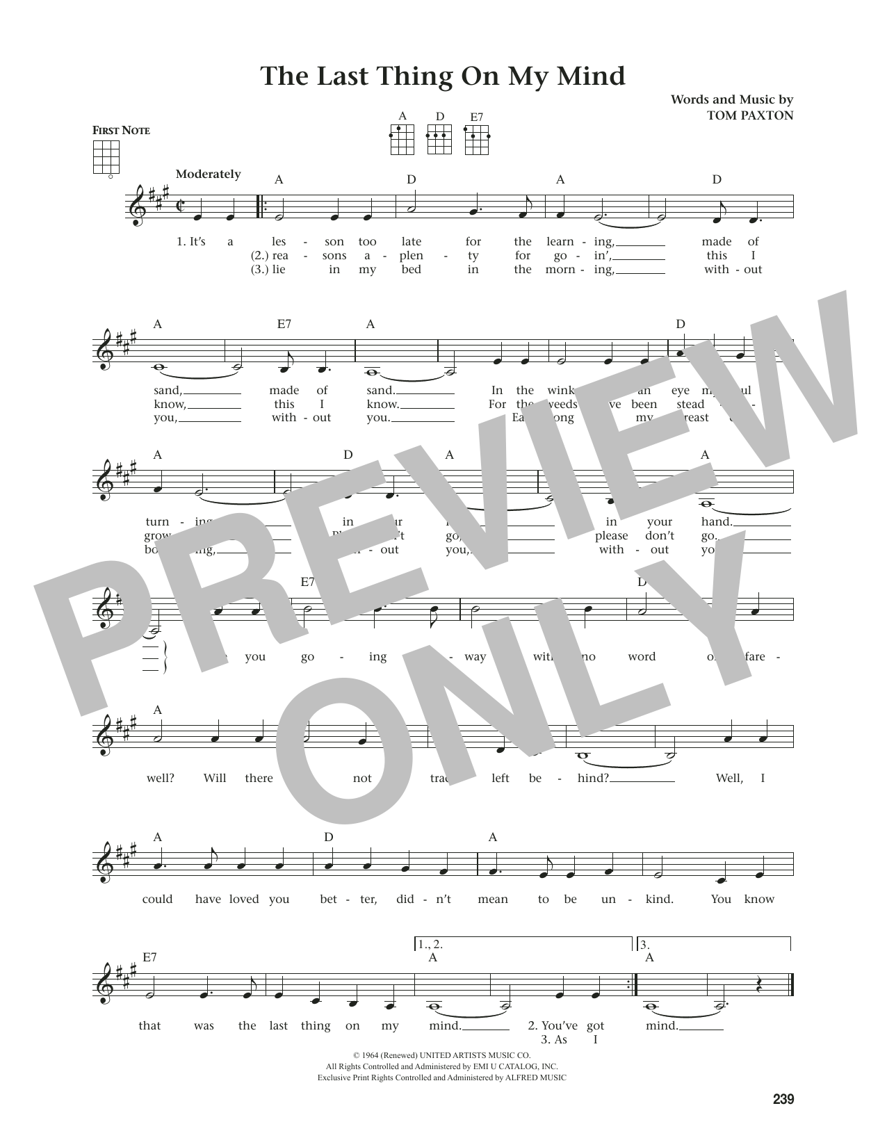 Tom Paxton The Last Thing On My Mind (from The Daily Ukulele) (arr. Jim Beloff) sheet music notes and chords. Download Printable PDF.