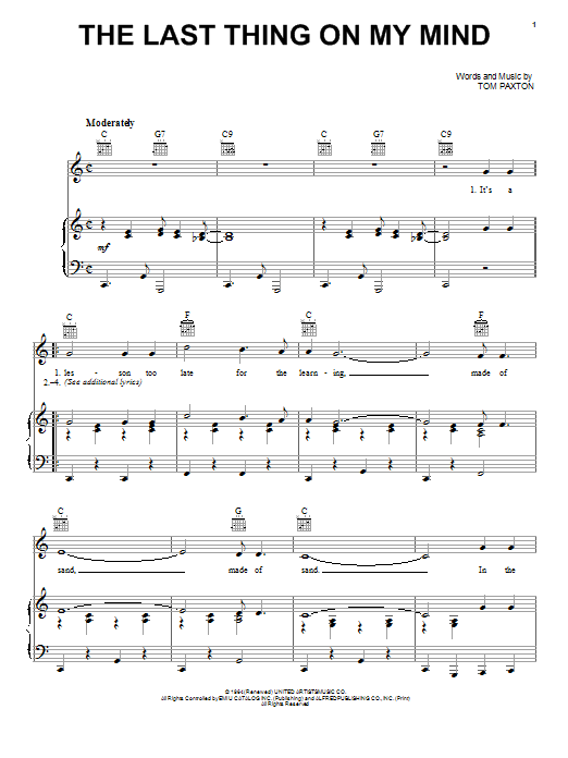 Tom Paxton The Last Thing On My Mind sheet music notes and chords. Download Printable PDF.