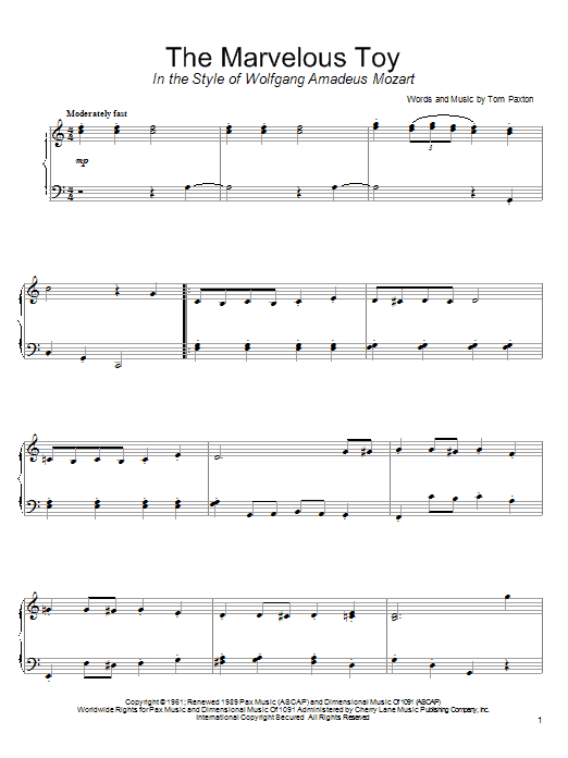 Learn to play Tom Paxton The Marvelous Toy sheet music for Piano Solo in minutes. Price: 7.8900$ Tom Paxton The Marvelous Toy sheet music notes and chords arranged for Piano Solo