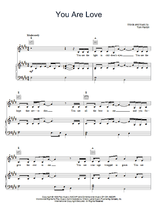 Tom Paxton You Are Love sheet music notes and chords arranged for Piano, Vocal & Guitar Chords (Right-Hand Melody)