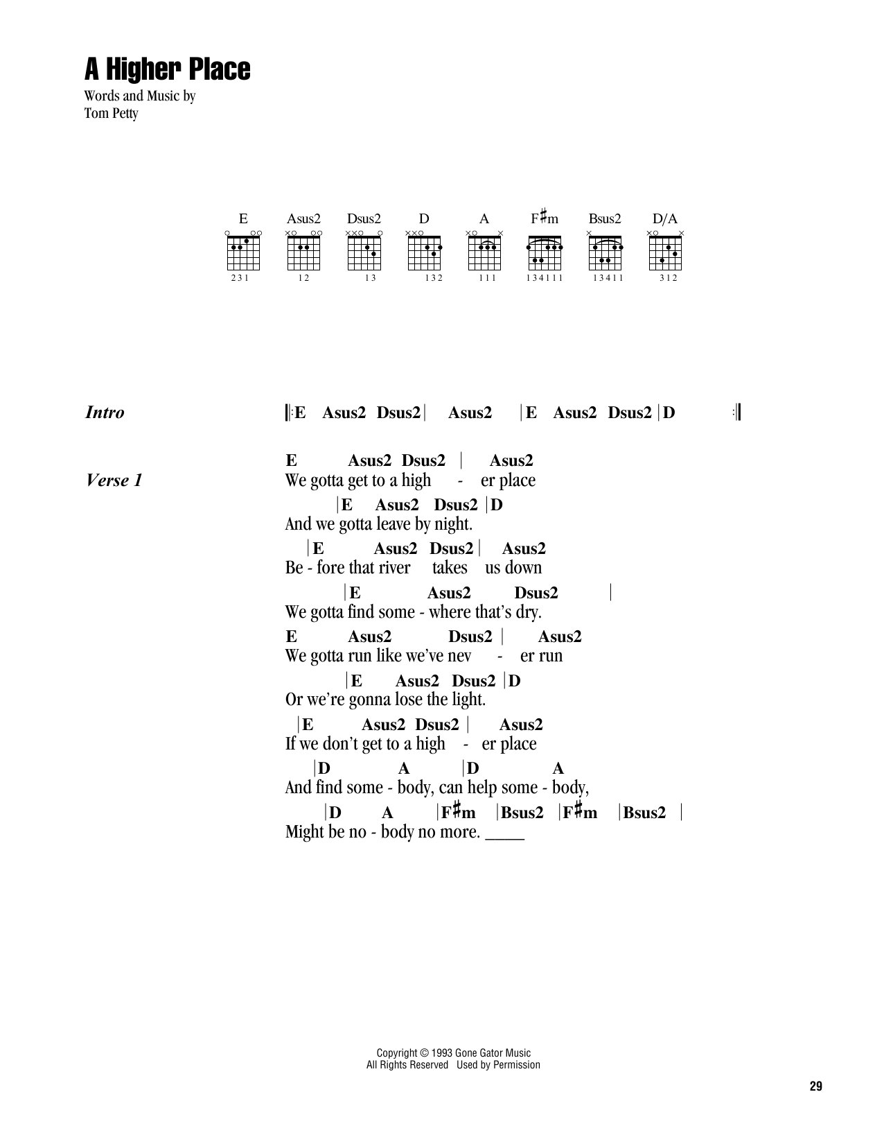 Tom Petty A Higher Place sheet music notes and chords. Download Printable PDF.