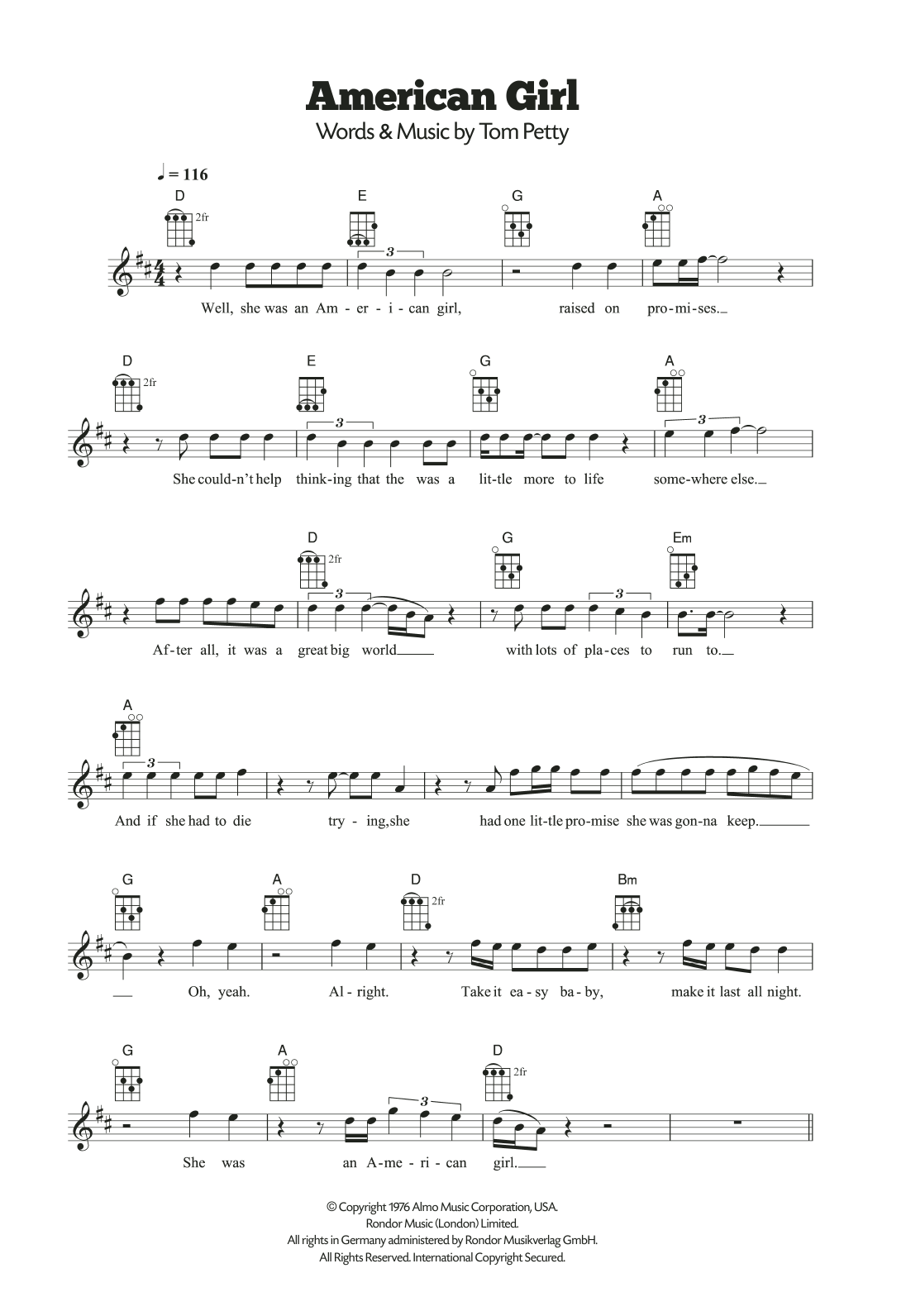 Tom Petty American Girl sheet music notes and chords. Download Printable PDF.