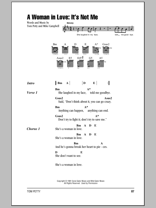 Tom Petty And The Heartbreakers A Woman In Love: It's Not Me sheet music notes and chords. Download Printable PDF.