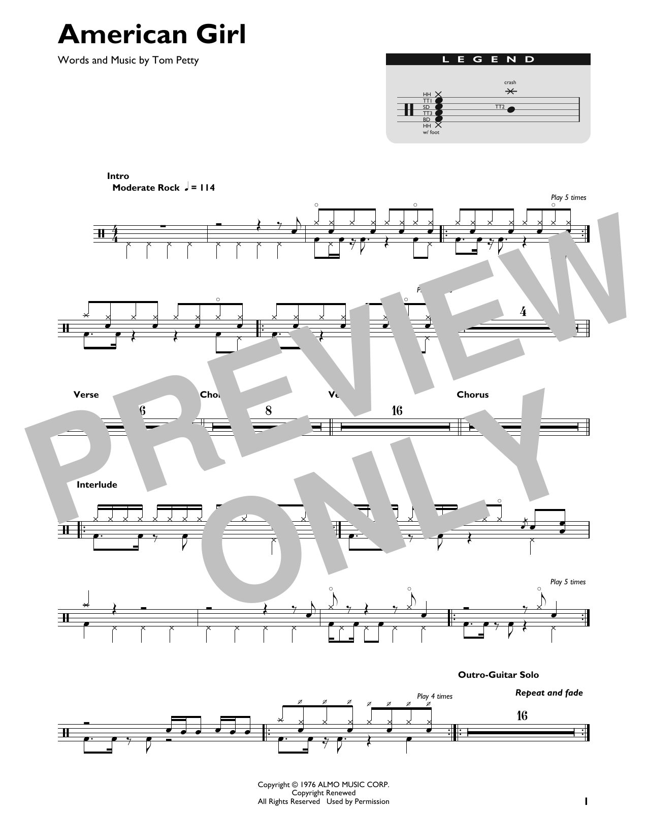 Tom Petty and the Heartbreakers American Girl sheet music notes and chords. Download Printable PDF.