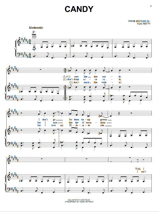 Learn to play Tom Petty And The Heartbreakers Candy sheet music for Piano, Vocal & Guitar Chords (Right-Hand Melody) in minutes. Price: 7.8900$ Tom Petty And The Heartbreakers Candy sheet music notes and chords arranged for Piano, Vocal & Guitar Chords (Right-Hand Melody)