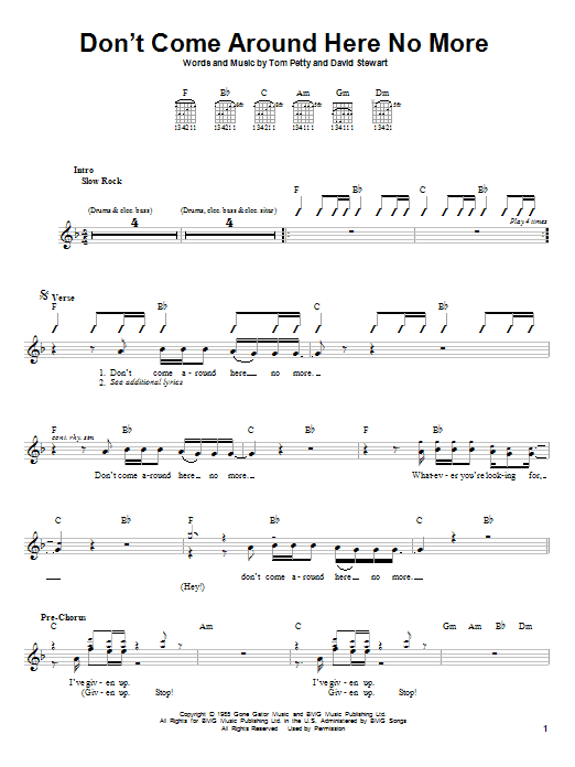 Tom Petty And The Heartbreakers Don't Come Around Here No More sheet music notes and chords. Download Printable PDF.