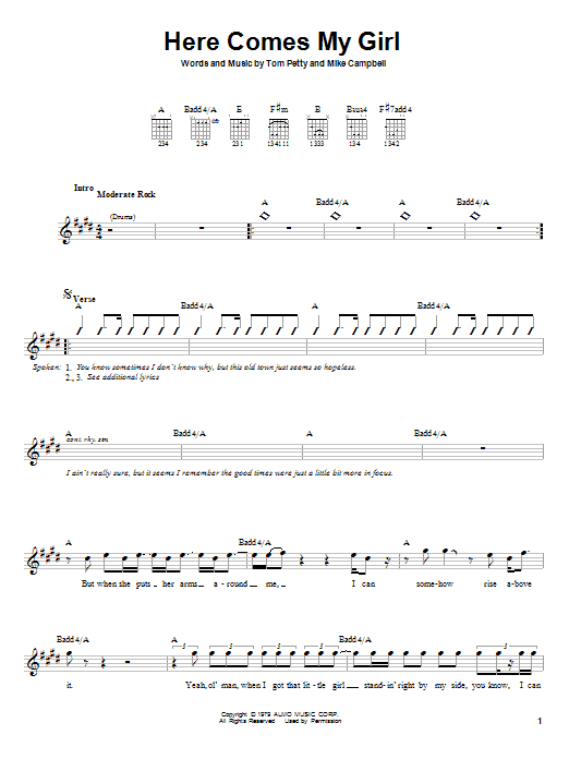 Tom Petty And The Heartbreakers Here Comes My Girl sheet music notes and chords. Download Printable PDF.